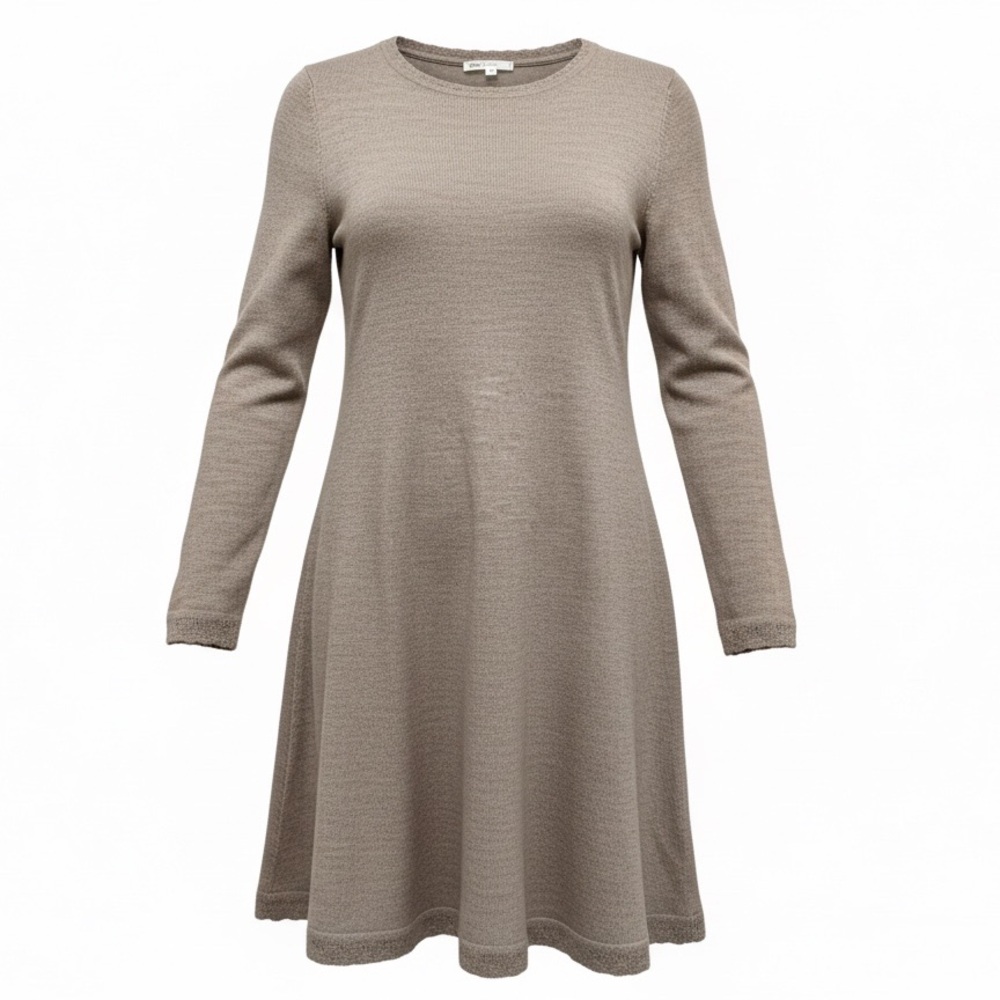 Tahari Merino Wool Blend Fine Knit A-Line Crewneck Long Sleeve Dress Taupe Sz L